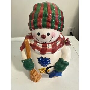 Holly Tree Snowman Cookie Jar Christmas Ceramic Holiday Canister Red Green 11in